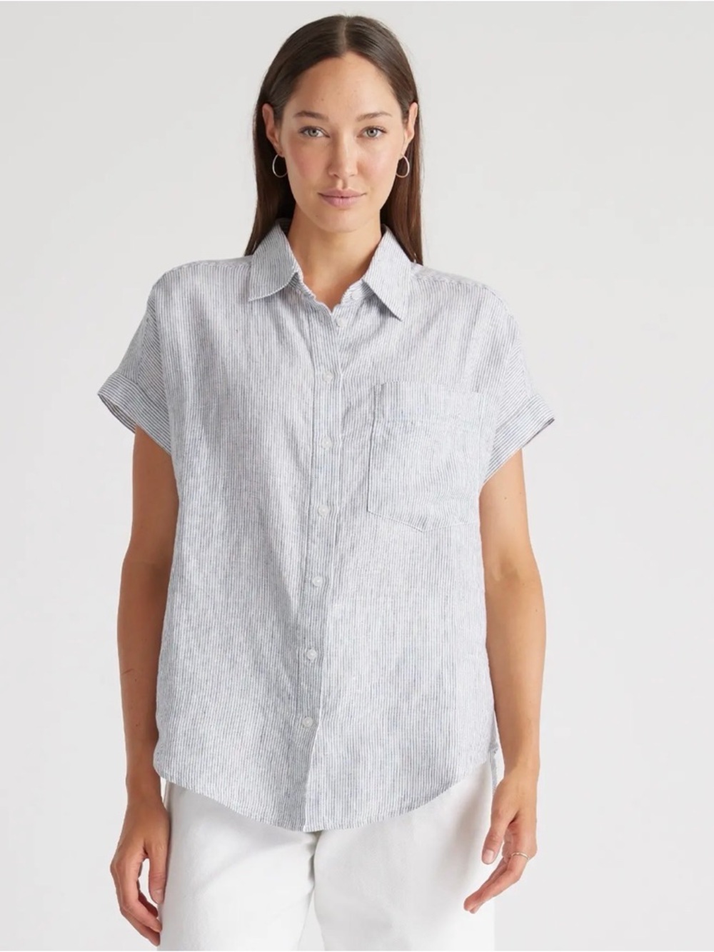 Quince 100% European Linen Blue Pinstripe Short Sleeve Shirt